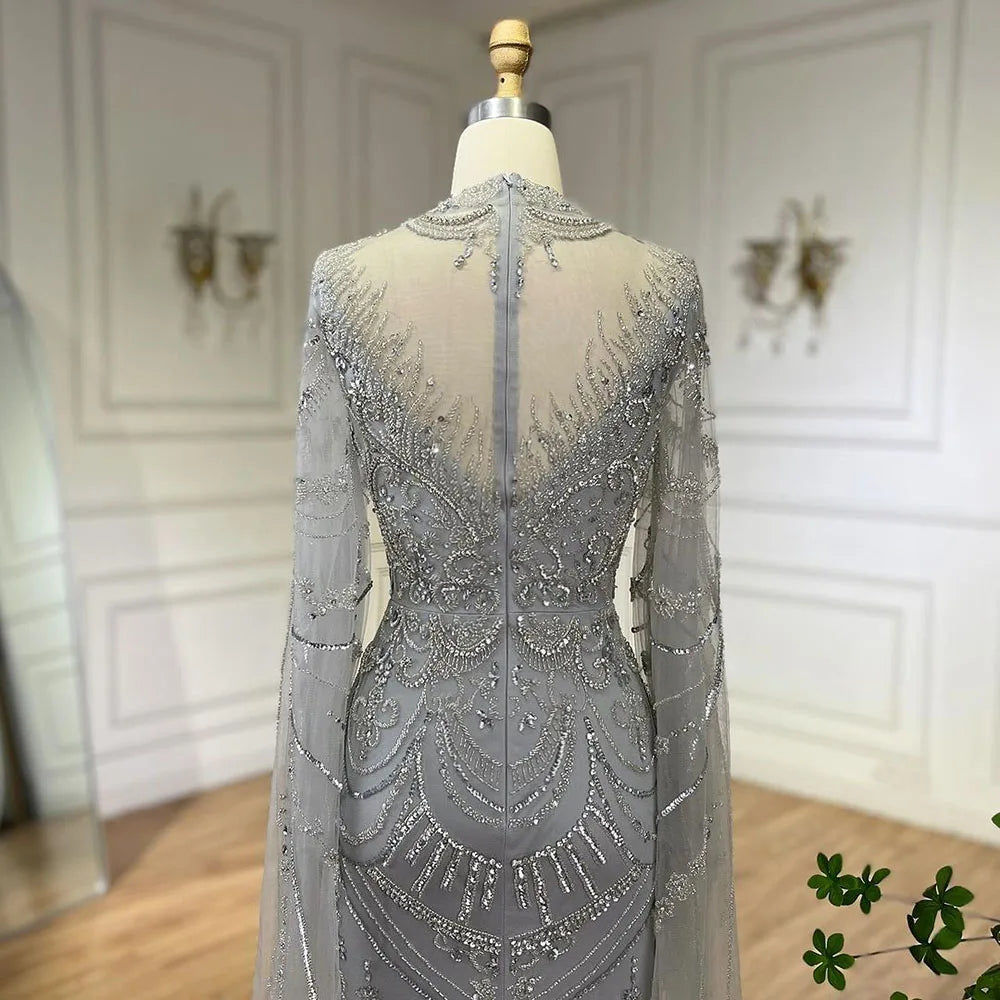 Serene Hill Dubai Gray Elegant Mermaid Beaded Lace Arabic Luxury Evening Dresses Gowns 2024 for Women Wedding Party LA72517