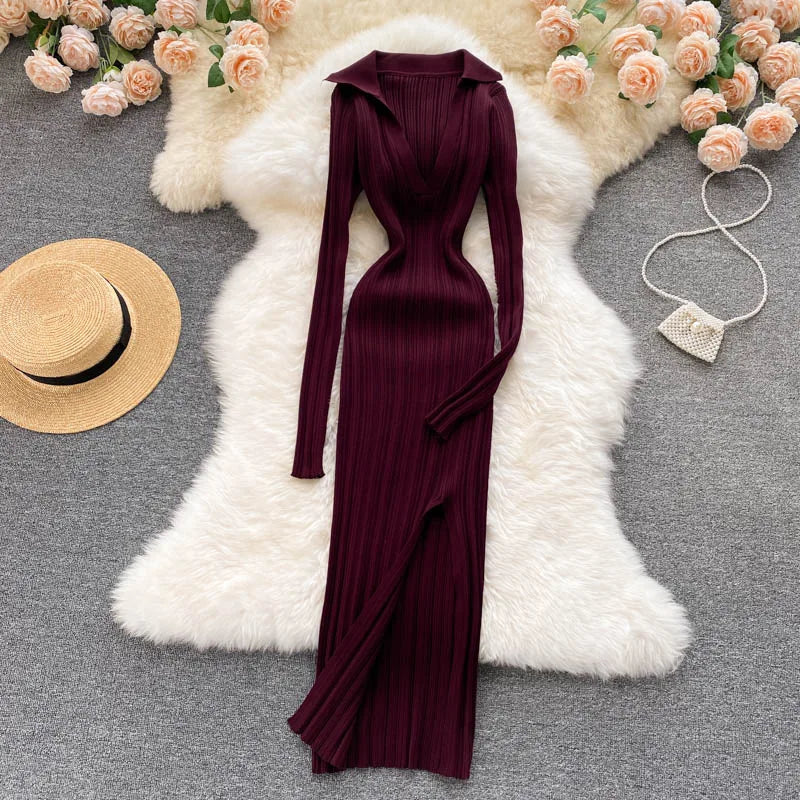 Women Chic Elegant Long Sleeve Split Bodycon Midi Dress Sexy French Fashion Knit Wrap Vestidos Elastic Slim Pencil Sweater Dress