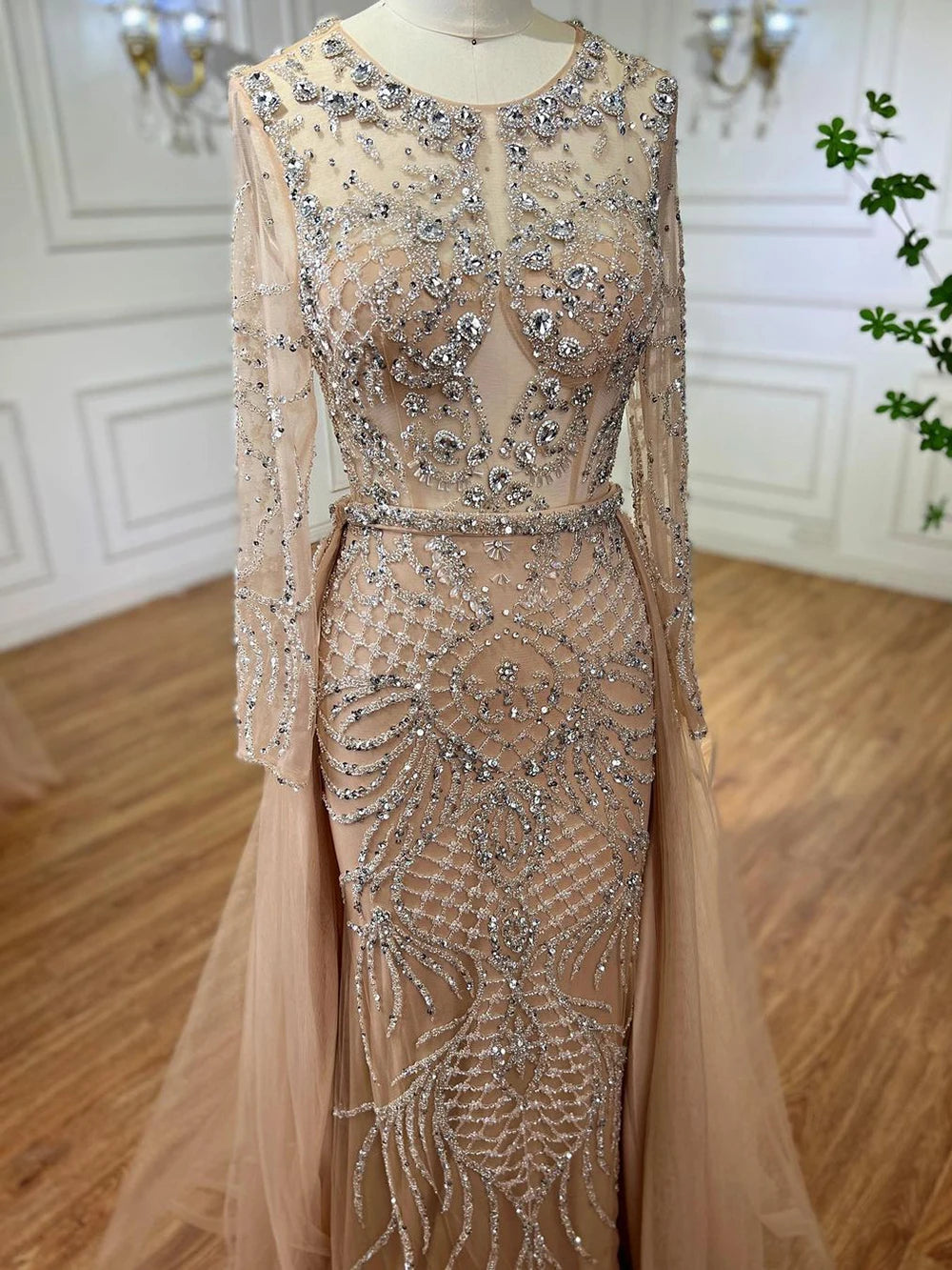 Serene Hill Muslim Silver Nude Mermaid Gown with Detachable Overskirt Beaded Evening Dress for Women Wedding Party 2024 LA71919