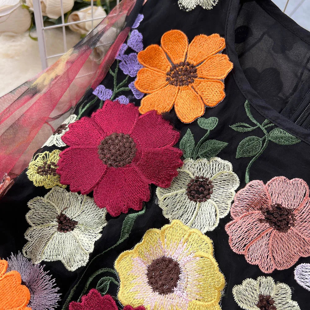 Retro Print Embroidery Elegant Mesh Dress A-line O-neck Long Sleeve Casual High Waist Dress Women Summer