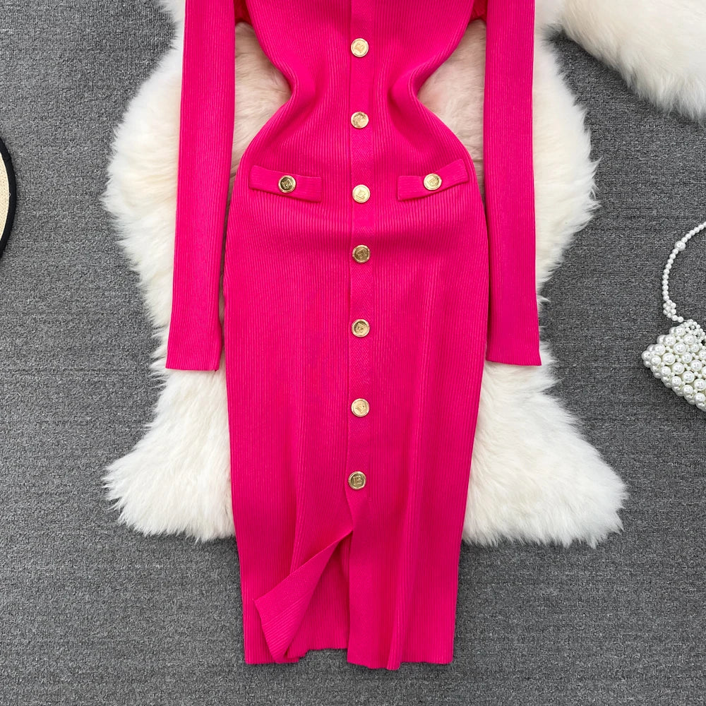 Sexy Split V-neck Long Sleeve Bodycon Dress Chic Elegant Evening Party French Fashion Knit Vestidos Women Autumn Pencil Dress