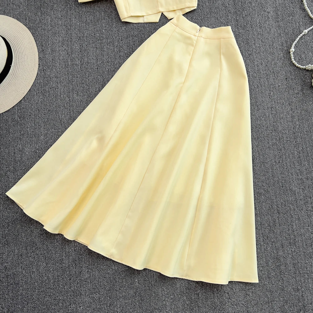 Chic Two Pieces Sets Sexy Single Breasted puff sleeve sweet blouse with Fashion basics A-line Skirt Vacation Sets