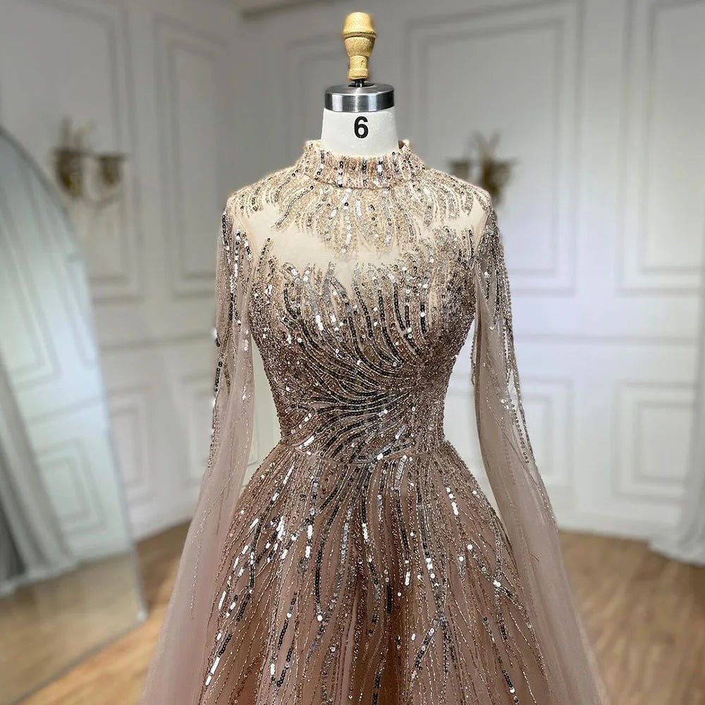 Serene Hill Caramel Luxury Evening Dresses with Cape Sleeves A-Line Beaded Lace Gown For Women's Wedding Party 2024 LA72386