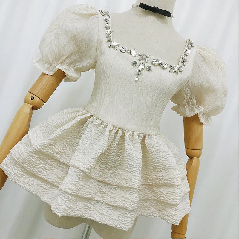 Luxury Diamond Square Neck Bubble Sleeves Wrapped Waist Chiffon Shirt Top Women's Summer Ruffle Edge Pleated Short sleeved Tops