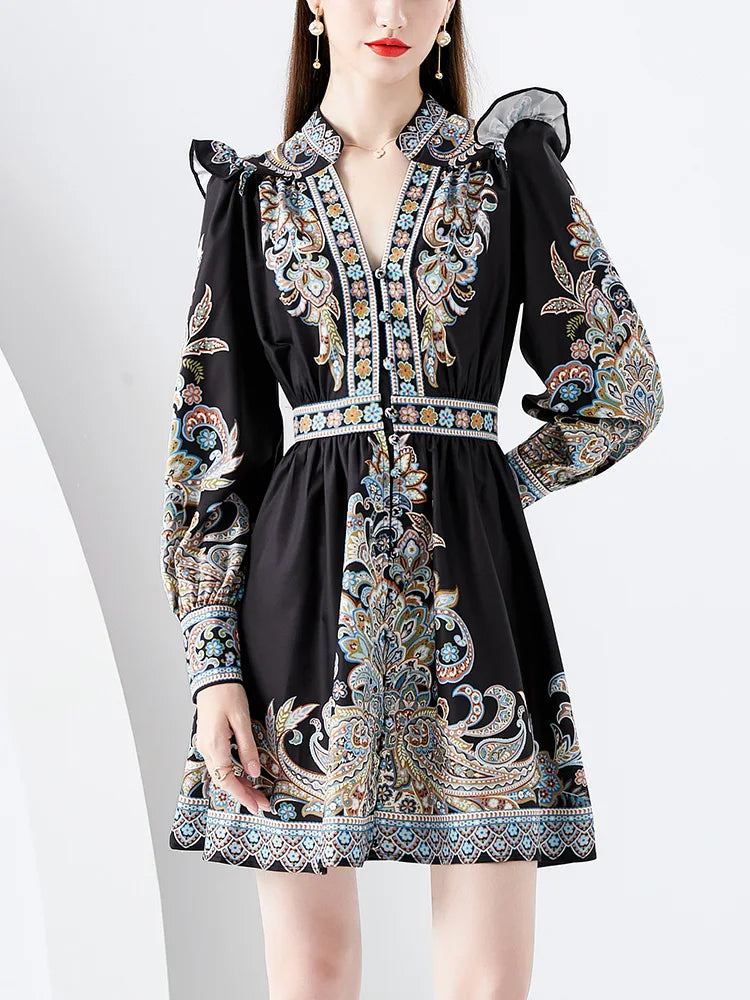 Elegant Dresses For Women 2024 V Neck Vintage Paisley Print Mini Holiday Dress Spring Ruffle Trim Long Sleeve Bohemian Dress