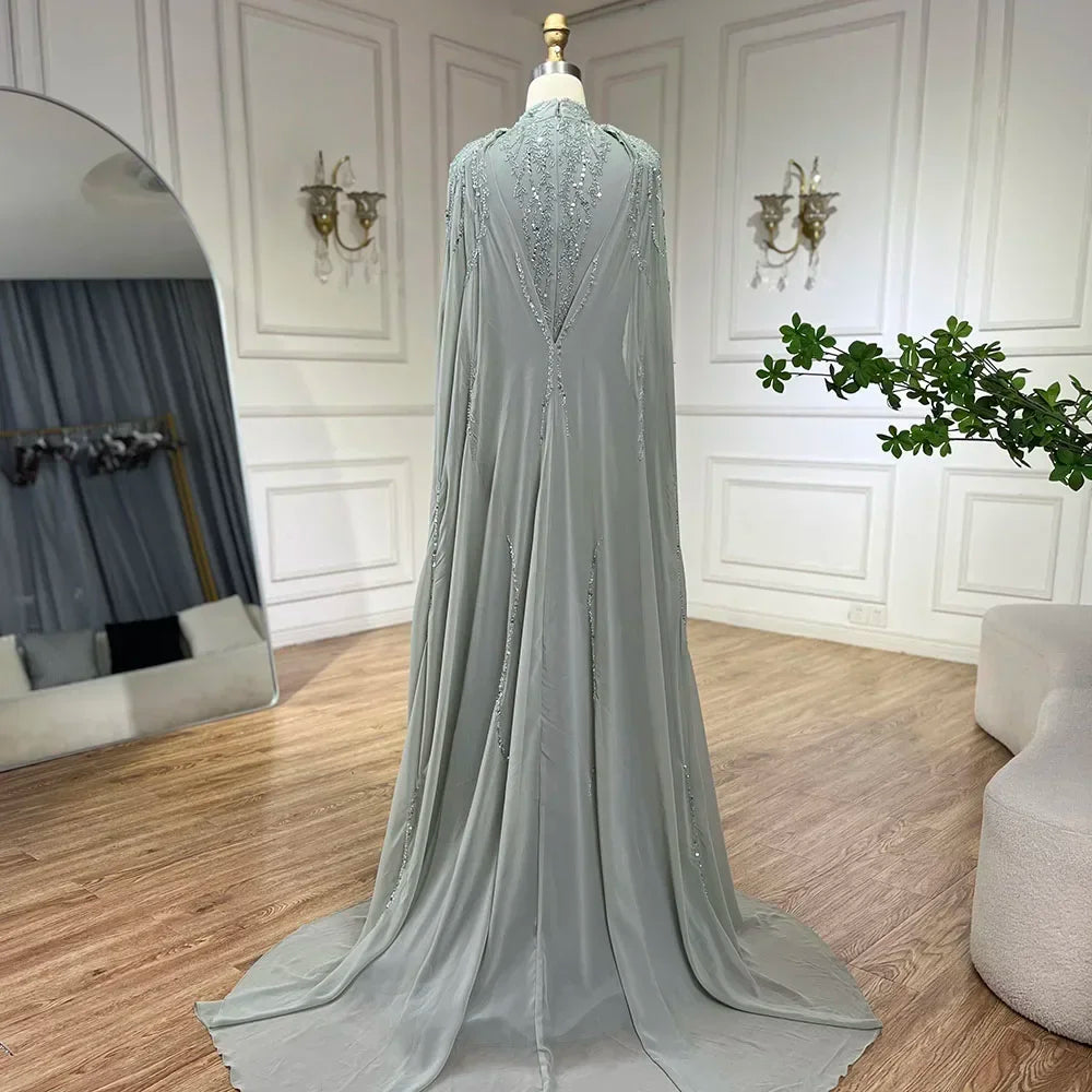 Serene Hill Muslim Sage Green Mermaid Long Cape Beaded Satin Luxury Evening Dresses Gowns For Women Party 2024 LA72413A