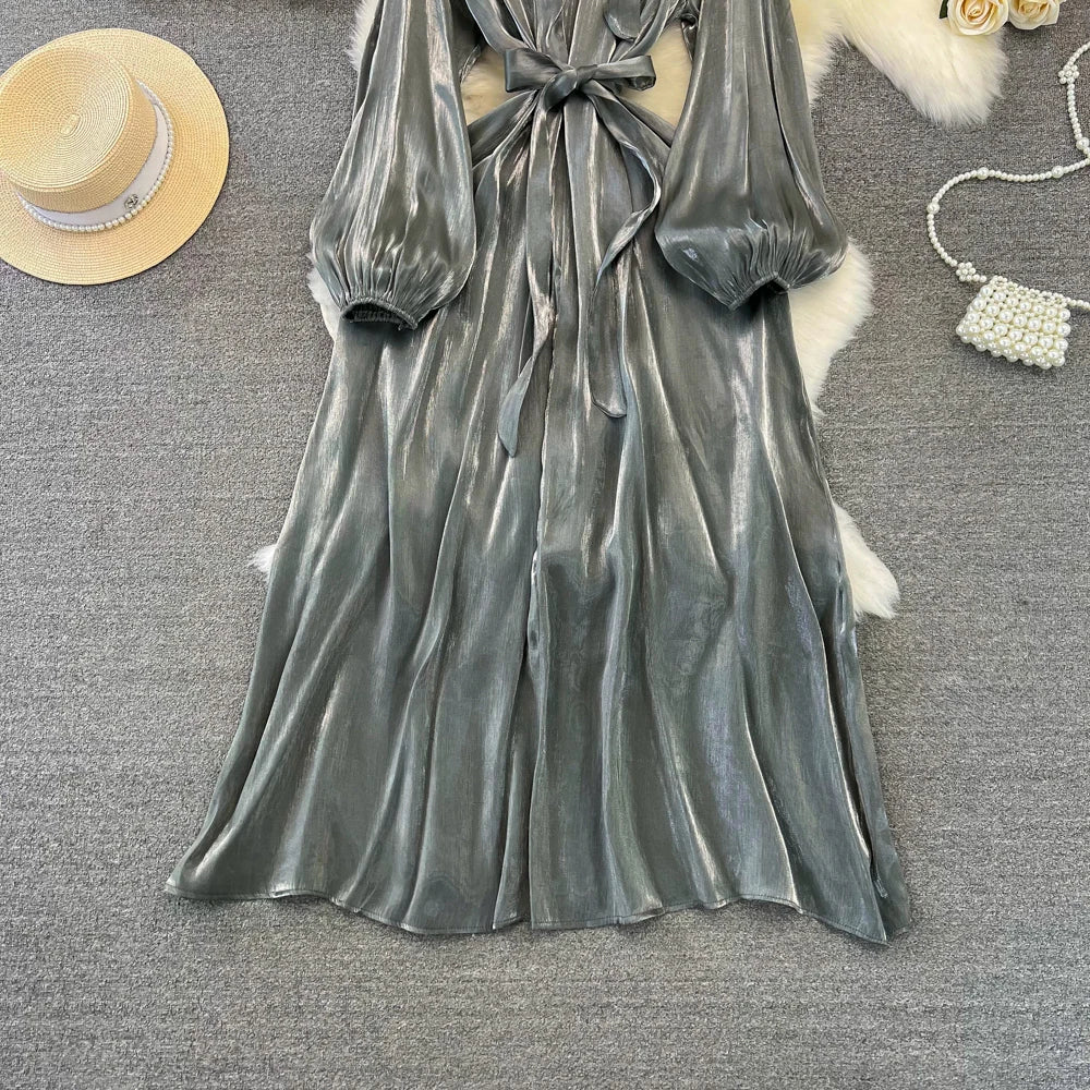 Autumn Elegant Women Fashion Party Long Dress Bow Lace Up Long Sleeve Evening Dresses A-Line Casual Vestidos One Piece Prom Robe