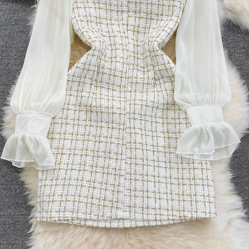 Autumn Fashion New Women Tweed Plaid Mini Dress Elegant Chiffon Patchwork Long Sleeve Dresses Female Casual One Piece Clothes