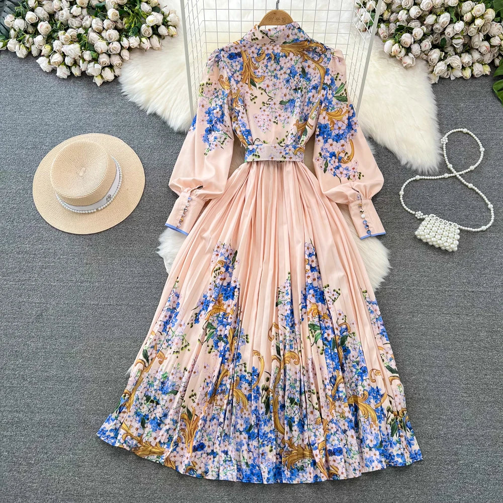 Vintage Print Elegant Lantern Long Sleeve Lapel A-line Dress Casual Women Fashion Autumn Spring Dress