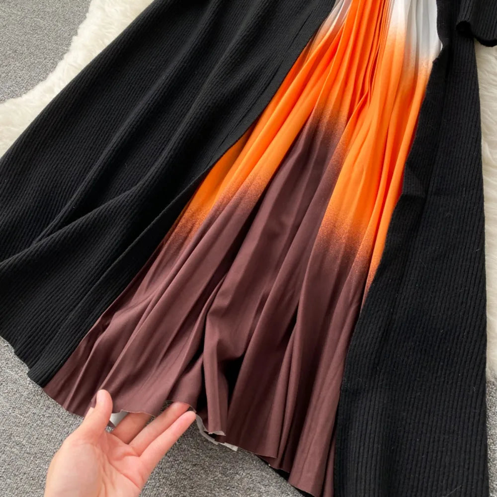 Elegant Chic Pleated Knit Dress French Long Sleeve Party Gothic A-line Vestidos High Waist Basic Slim Women Autumn Winter Dress