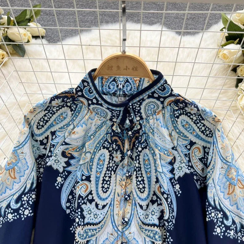 Spring Summer Retro Print Two Piece Set Women Lantern Sleeves Standing Neck Blouse Top+High Waist Wide Leg Shorts Elegant Suits