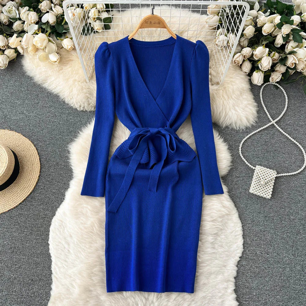 Women Long Sleeve V Neck Sexy Knit Bodycon Dress Chic Vintage Lace Up French Fashion Vestidos Party Elegant Fashion Dresses Y2k
