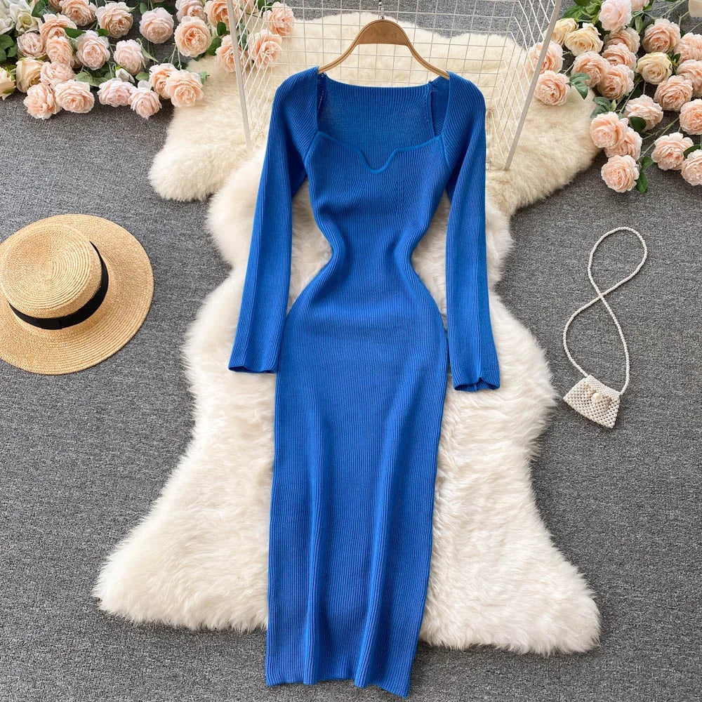 Women Long Sleeve Sexy Bodycon Dress with slit Vintage French Fashion Knit v neck Vestidos Basic Tight Elegant Slim Chic Dresses