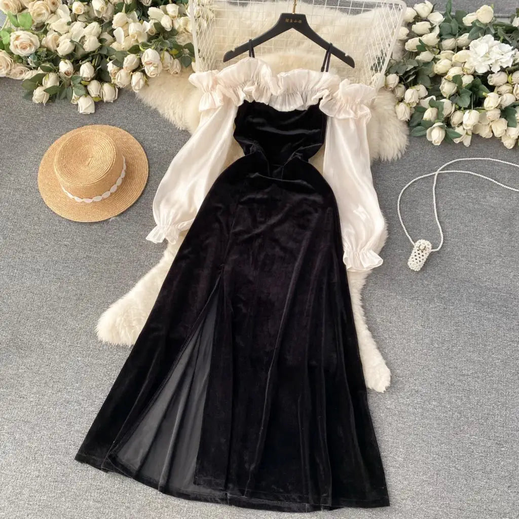 Sexy Bodycon Off Shoulder Party Dress Women Ruffles Velvet Patchwork Elegant Lady Fashion Prom Robe A-Line Vestidos Mujers New
