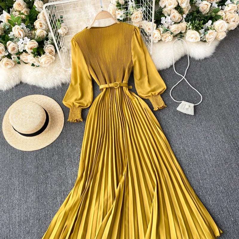 Chic Pleated Elegant Puff Sleeve Dress A-line Chiffon High Waist Belt Beach Vacation Party Dress Women Summer Spring Vestidos