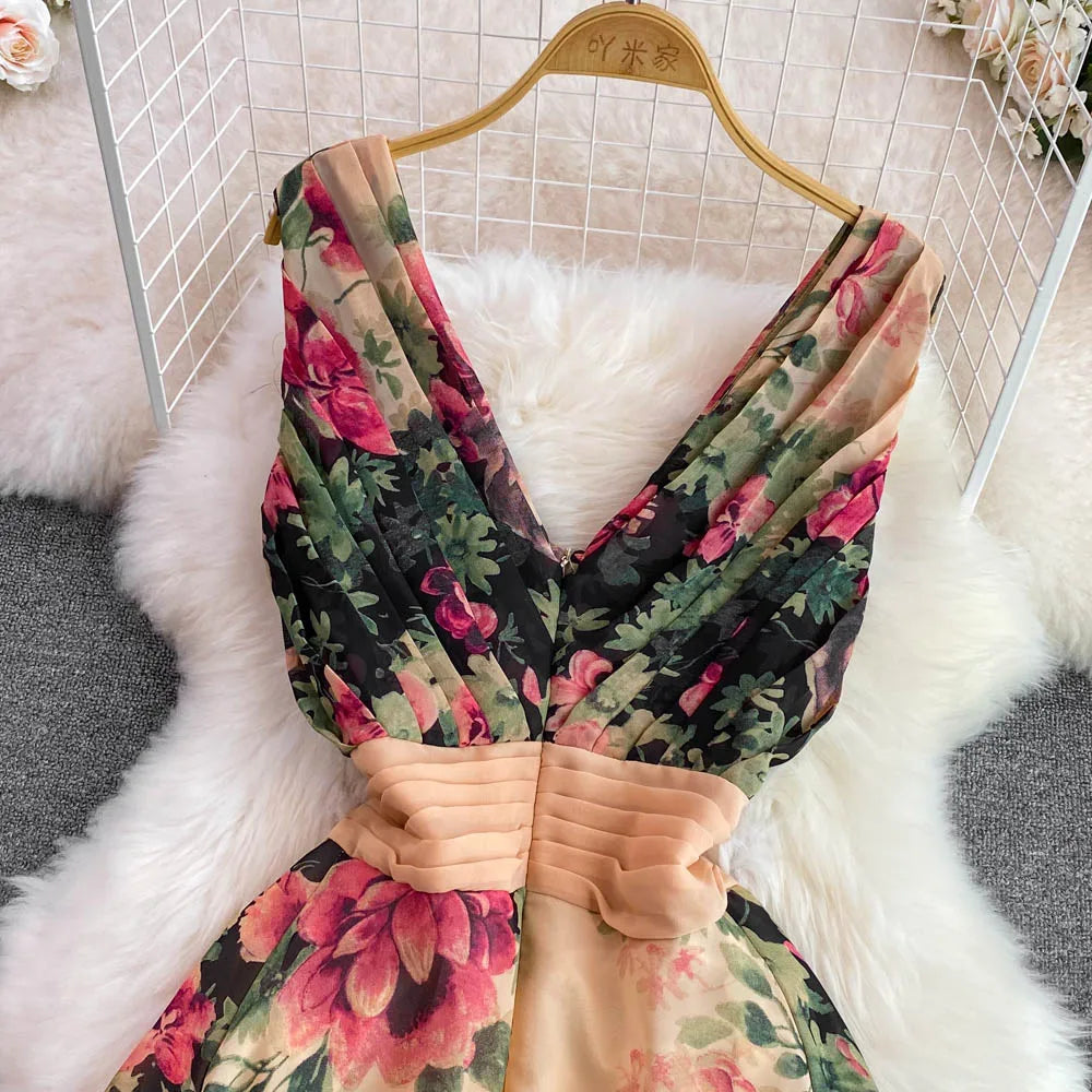 Elegant Evening Party Dress Women Sexy V-neck Floral Printed A-line Long Dresses Ladies Sleeveless Slim A-line Chiffon Long Robe