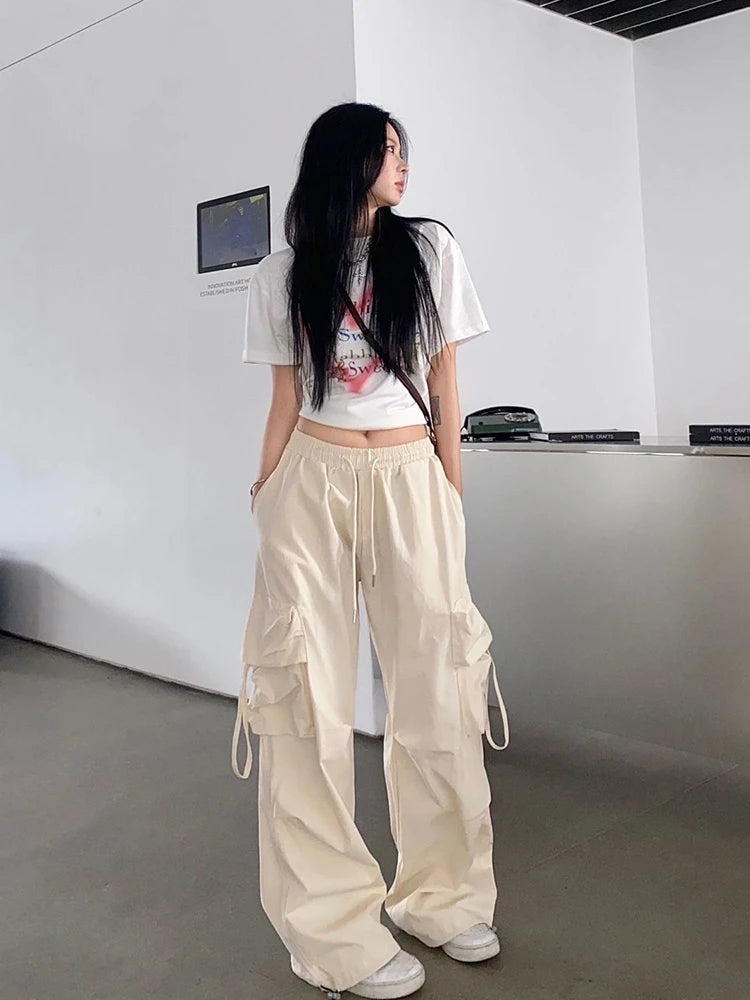 Women's High Waist Cargo Pants with Multiple Pockets Trendy Solid Color Streetwear Y2K Spring Autumn New Loose Wide Leg Trousers