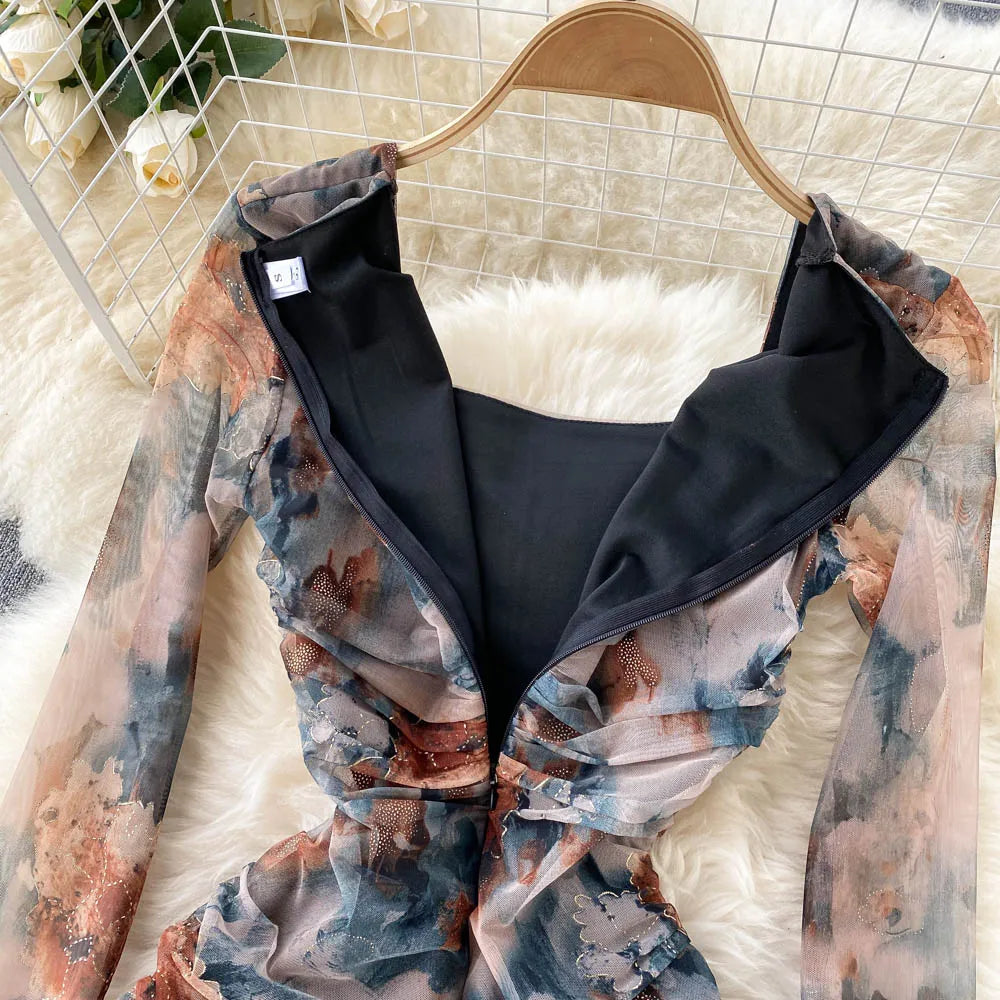 Elegant High Waist Fashion Print Pleated Split Dress Long Sleeve Square Neck Vestidos Autumn Winter Pencil Dress