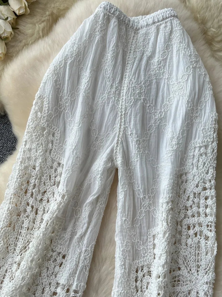 Korean Fashion Women Knitting Trousers Autumn Embroidery Splice Hollow Out High Waist Loose Casual Beach Long Wide Leg Pants New