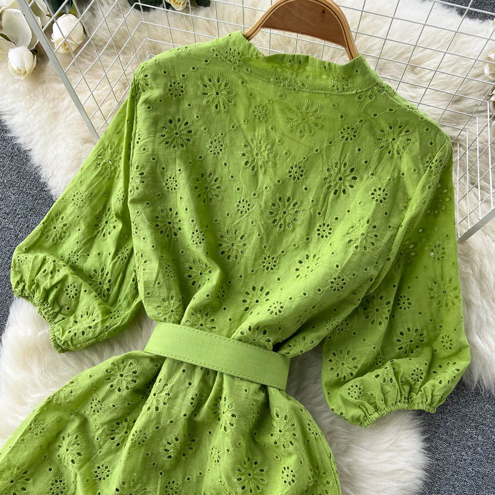 Summer V-neck Hollow Out Dress Women Bubble Sleeves Loose Embroidered Ruffle Edge Long Dresses Ladies Elegant Casual Long Robe