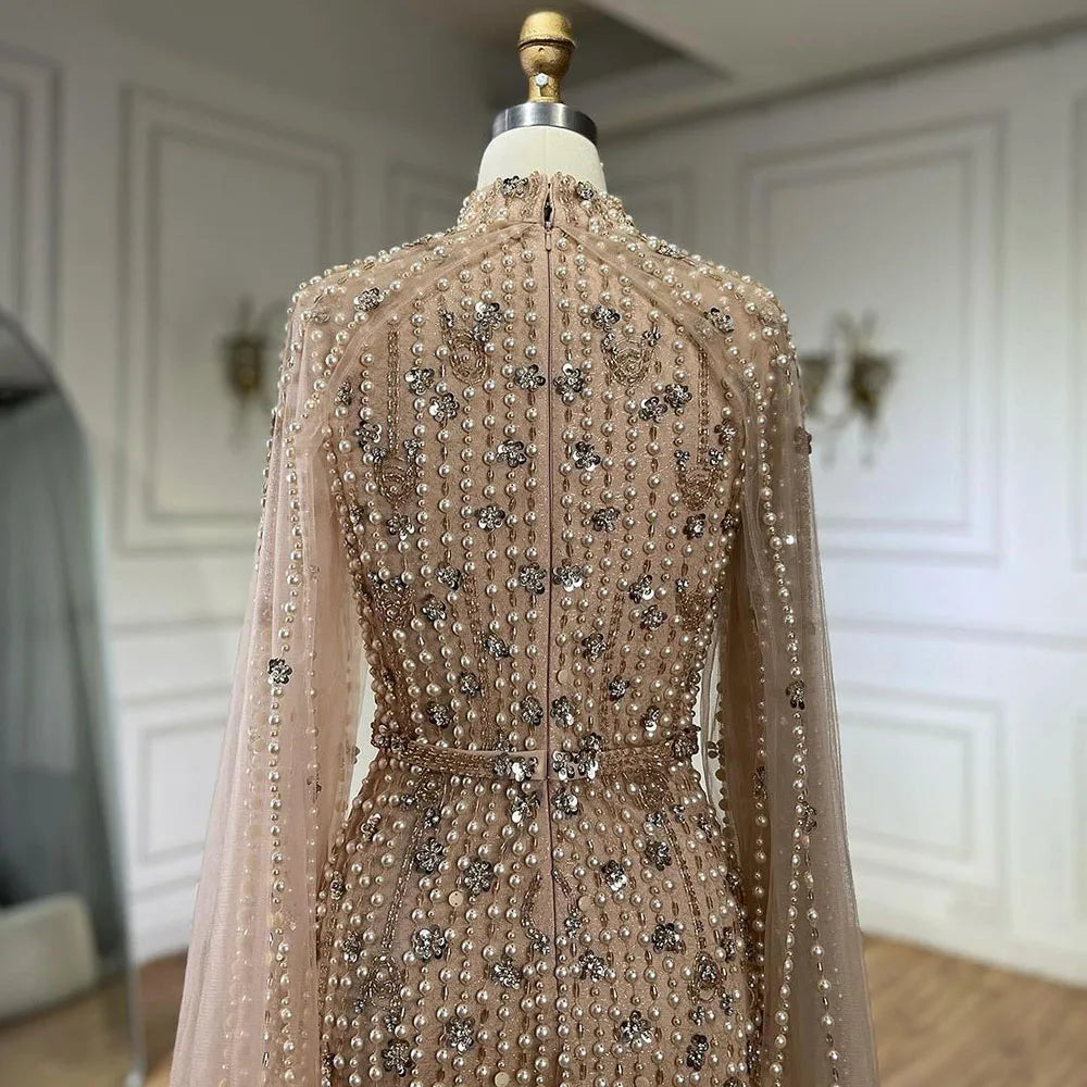 SERENE HILL 2024 Arabic Nude Mermaid Cape Long Sleeves Luxury Beaded Evening Dresses Formal Gowns Women Wedding Party GLA72372