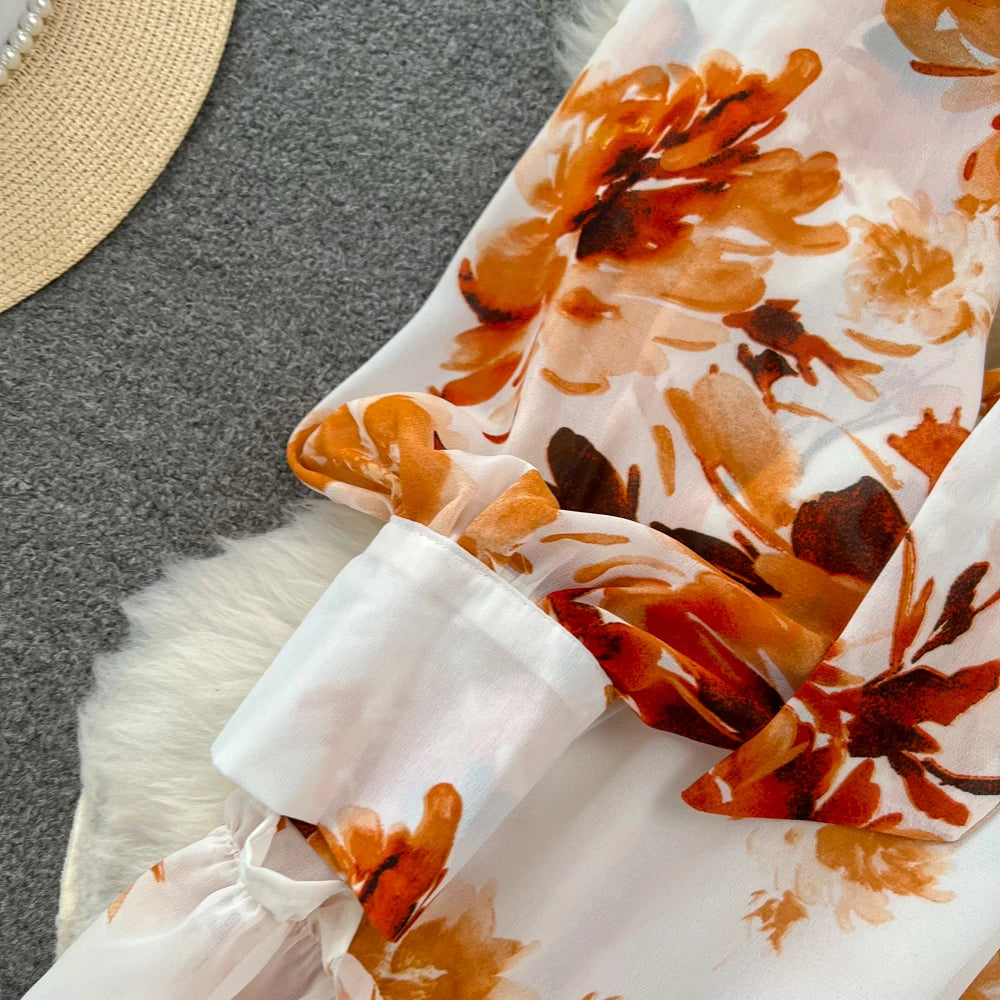 Elegant Casual Women Fashion Floral Print Long Dress Vintage Pleated A-Line Maxi Boho Beach Party Robe Female Clothes Mujers