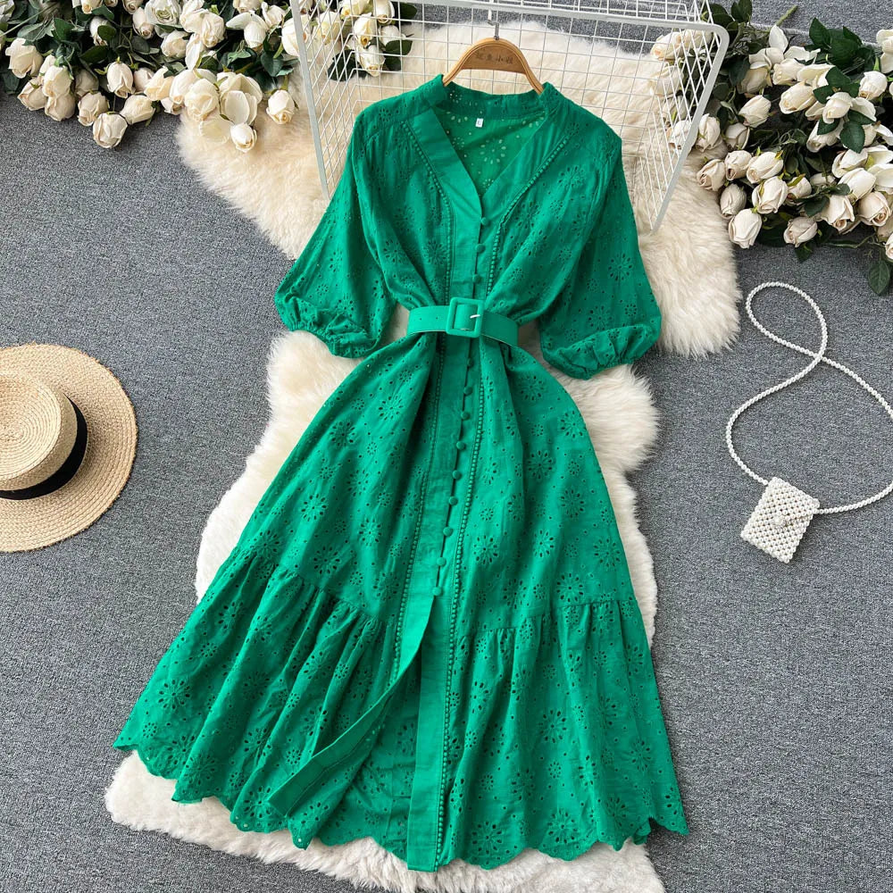 Summer V-neck Hollow Out Dress Women Bubble Sleeves Loose Embroidered Ruffle Edge Long Dresses Ladies Elegant Casual Long Robe