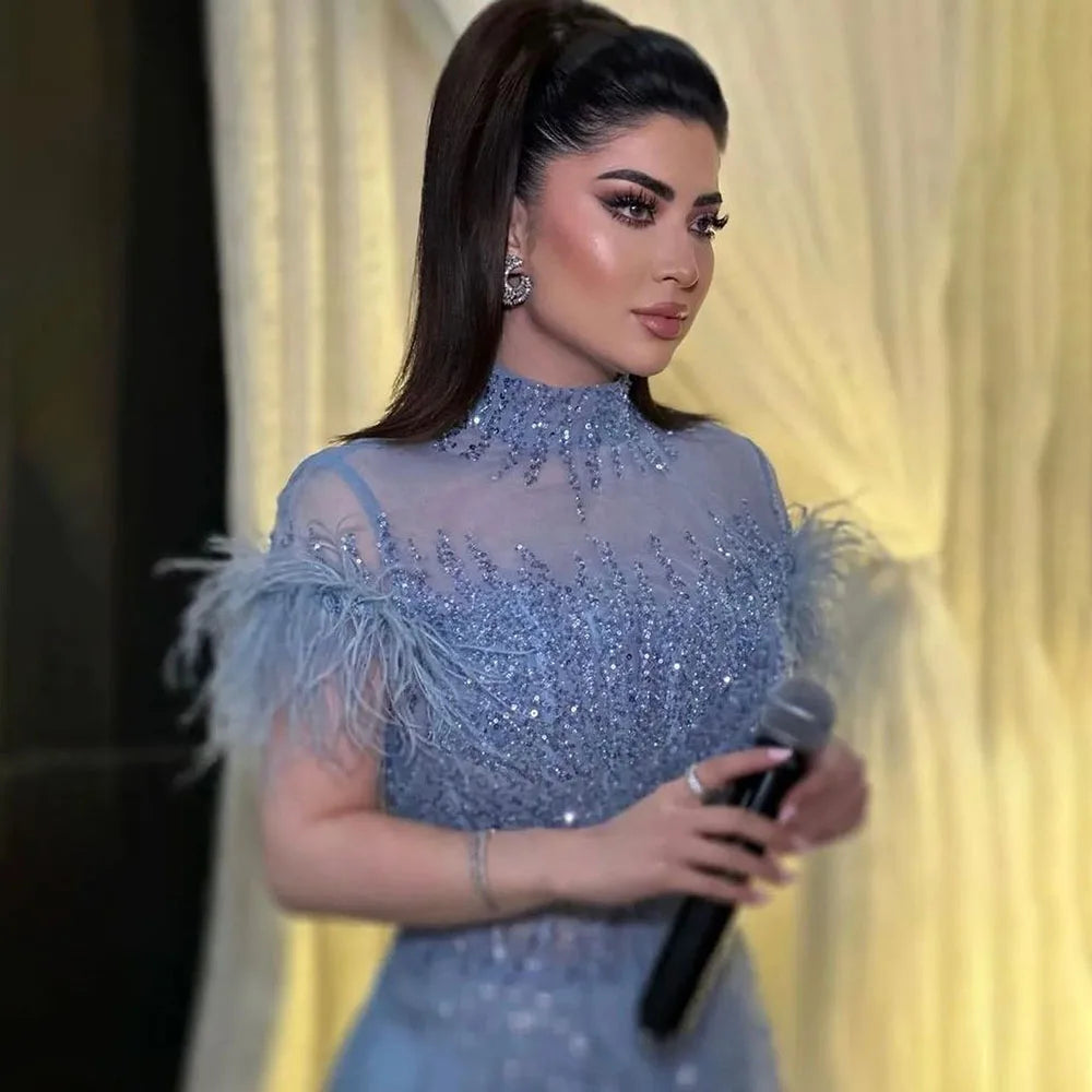 Serene Hill 2024 Arabic blue A Line Short Sleeveless Luxury Evening Dresses Beaded Feathers For Women Wedding Party LA72351
