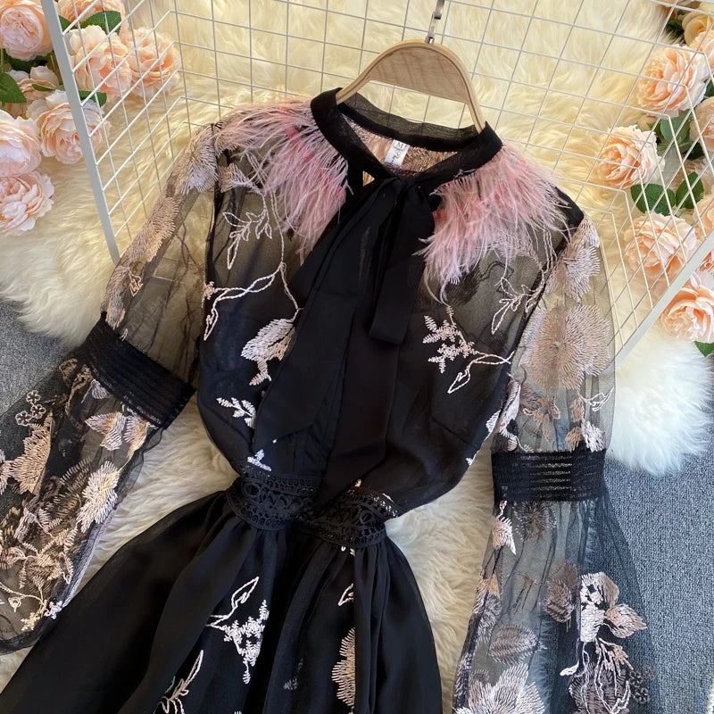 Retro Print Floral Embroidery Elegant Lace Up Dress A-line Long Sleeve Casual O-neck High Waist Dress Women Ceremonial Dress
