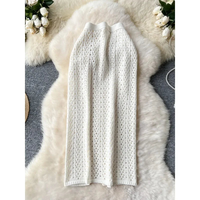 Korean Skirts Women Design Lace-up Waist Hollow-out Crochet Knitted Skirt Split Slim-fit Midi Long Skirts Women Two-piece Sets