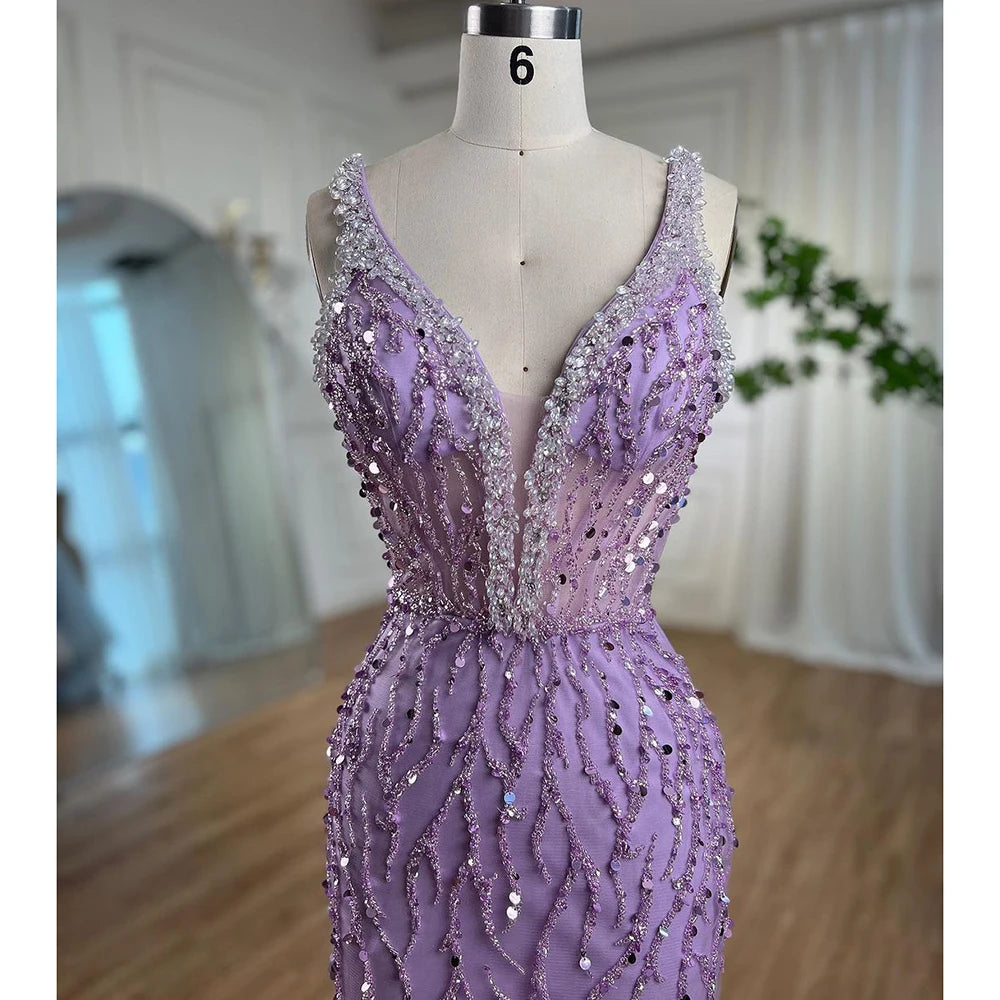 Serene Hill Pink Mermaid High Split Luxury Evening Dresses Feather Beaded Gowns Long 2024 For Women Wedding Party LA72152