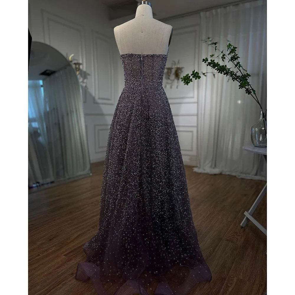 Serene Hill Arabic Luxury Purple A-Line Elegant Strapless Beaded Evening Dresses Long for Woman Wedding Party LA72147