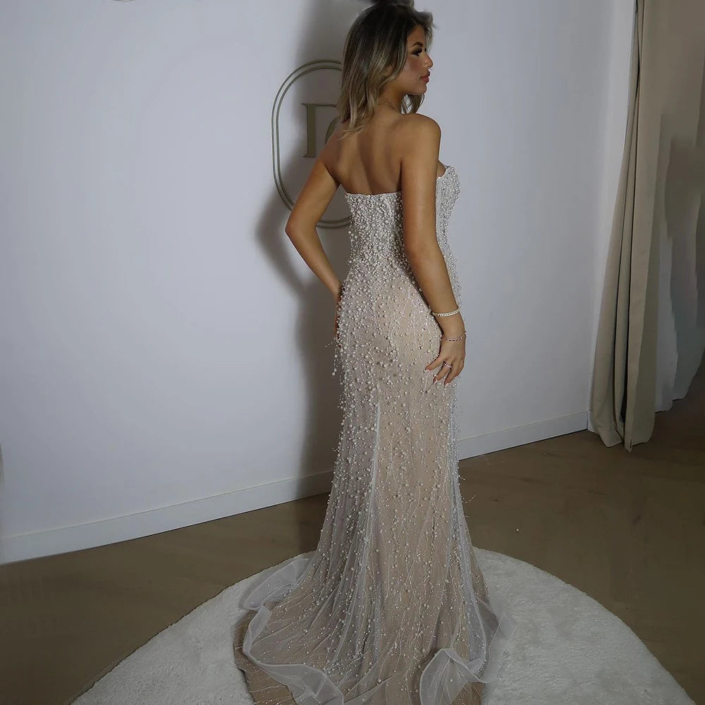 Serene Hill 2024 Arabic White Nude Mermaid Gown Pearls Beading High Split Luxury Dubai Evening Dress for Women's Party LA72544