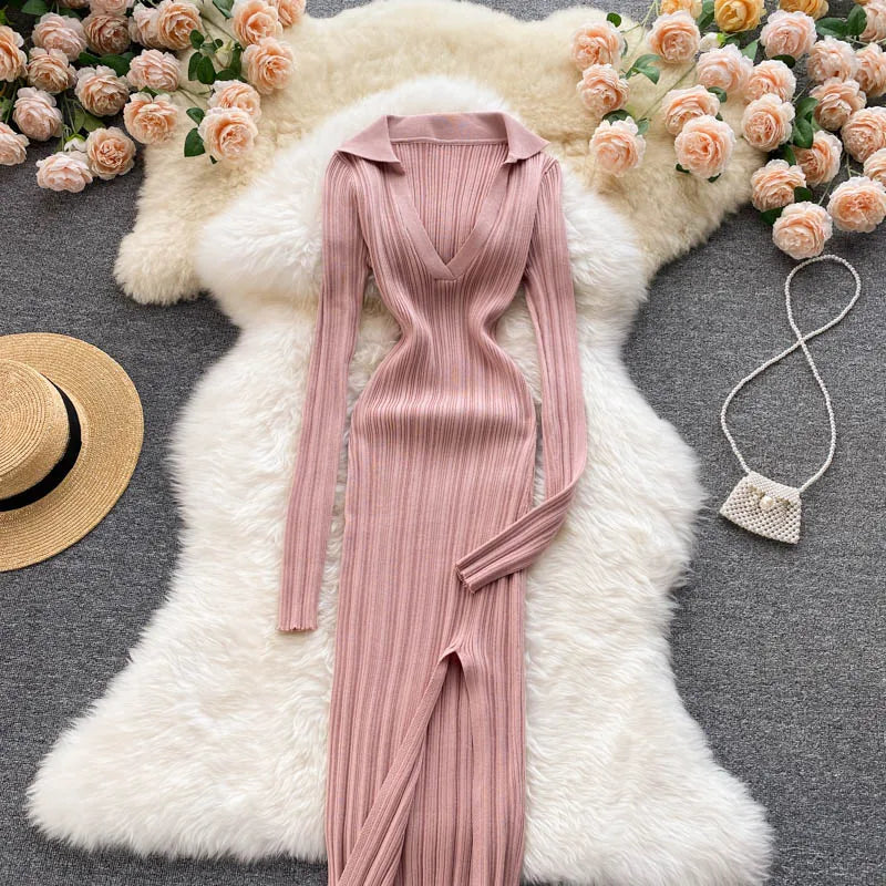 Women Chic Elegant Long Sleeve Split Bodycon Midi Dress Sexy French Fashion Knit Wrap Vestidos Elastic Slim Pencil Sweater Dress