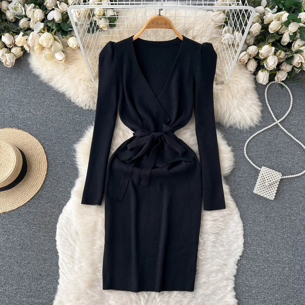 Women Long Sleeve V Neck Sexy Knit Bodycon Dress Chic Vintage Lace Up French Fashion Vestidos Party Elegant Fashion Dresses Y2k