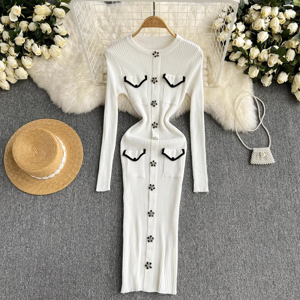 Women Elegant Chic Long Sleeve Sexy Slim Bodycon Dress Vintage Korean Fashion Knit Tight Vestido Autumn Winter Sweater Robe