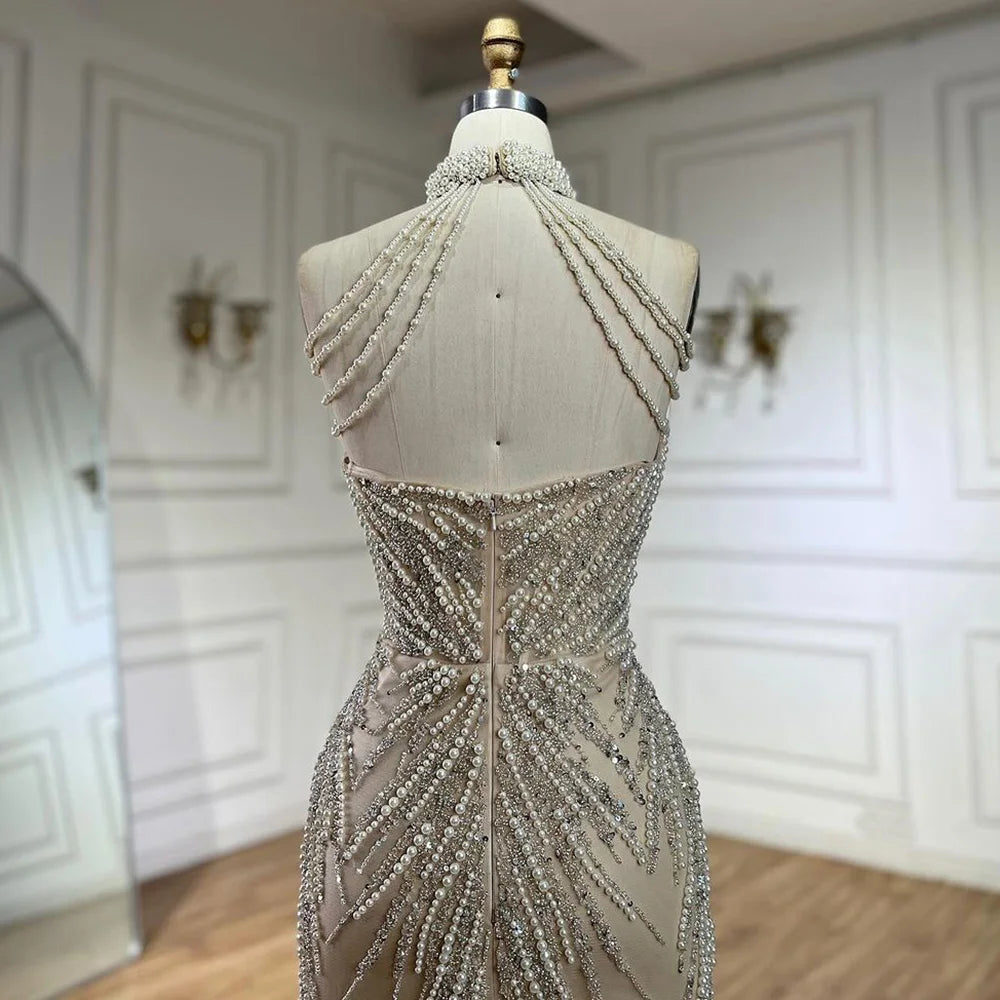 Serene Hill 2024 Arabic Nude Halter Neck Mermaid Pearls Beaded Luxury Dubai Evening Gown for Women's Party LA72696