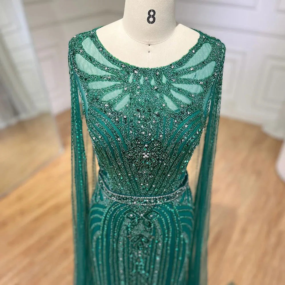 Serene Hill Brown Mermaid Elegant 2024 With Cape Sleeves Beaded Luxury Evening Dresses Gowns For Women Party LA70638