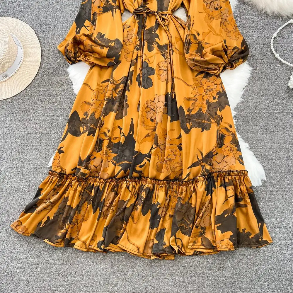 Elegant Casual A-Line Vintage Ruffle Print Long Dress Autumn Lantern Sleeve Party Boho Dresses Beach Holiday Female Vestidos