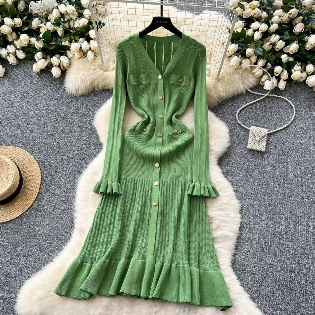 Elegant Women Solid Knitted Dresses Autumn V-Neck Single Breasted Chic Flared Sleeve Ruffles Hem Casual Female Slim Office Robes