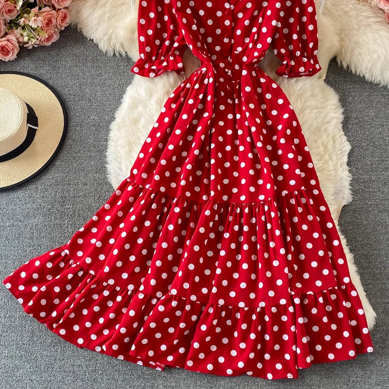 New Summer Women's Fashion Vintage Polka Dot Midi Dress Elegant and Chic A-Line Party Casual White Black Vestidos Female Robe