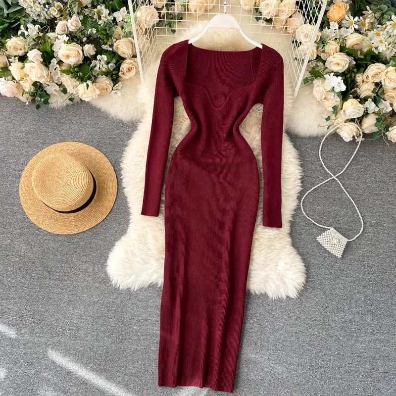 Women Long Sleeve Sexy Bodycon Dress with slit Vintage French Fashion Knit v neck Vestidos Basic Tight Elegant Slim Chic Dresses
