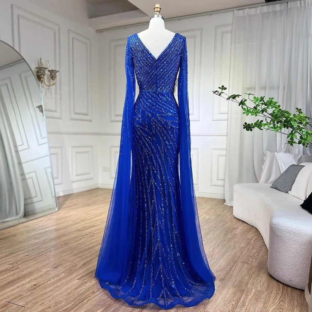 SERENE HILL 2024 Arabic Dubai Caramel Mermaid Luxury Beaded Evening Dresses Cape Sleeves Gowns For Women Wedding Party GLA71493A