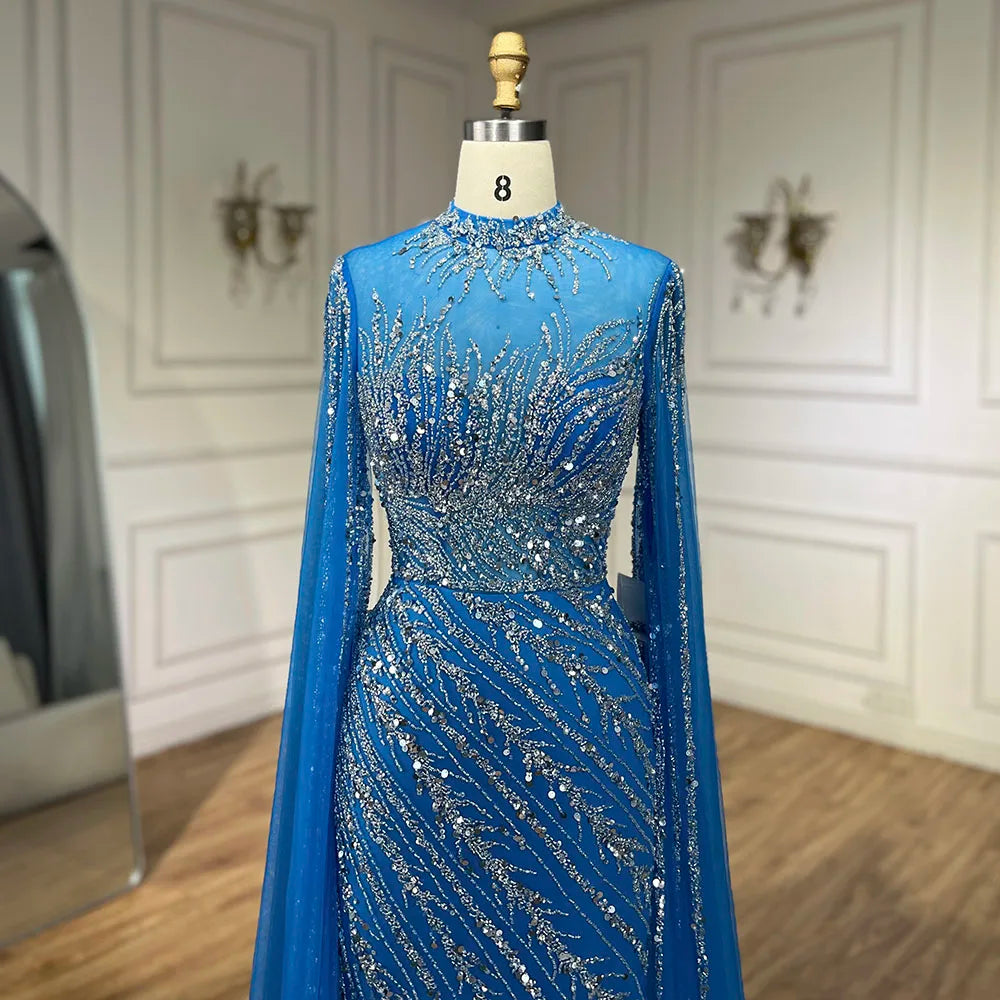 Serene Hill 2024 Nude Cape Sleeves Mermaid Lace Beaded Luxury Dubai Long Evening Dresses Gowns For Formal Occasion LA71885A