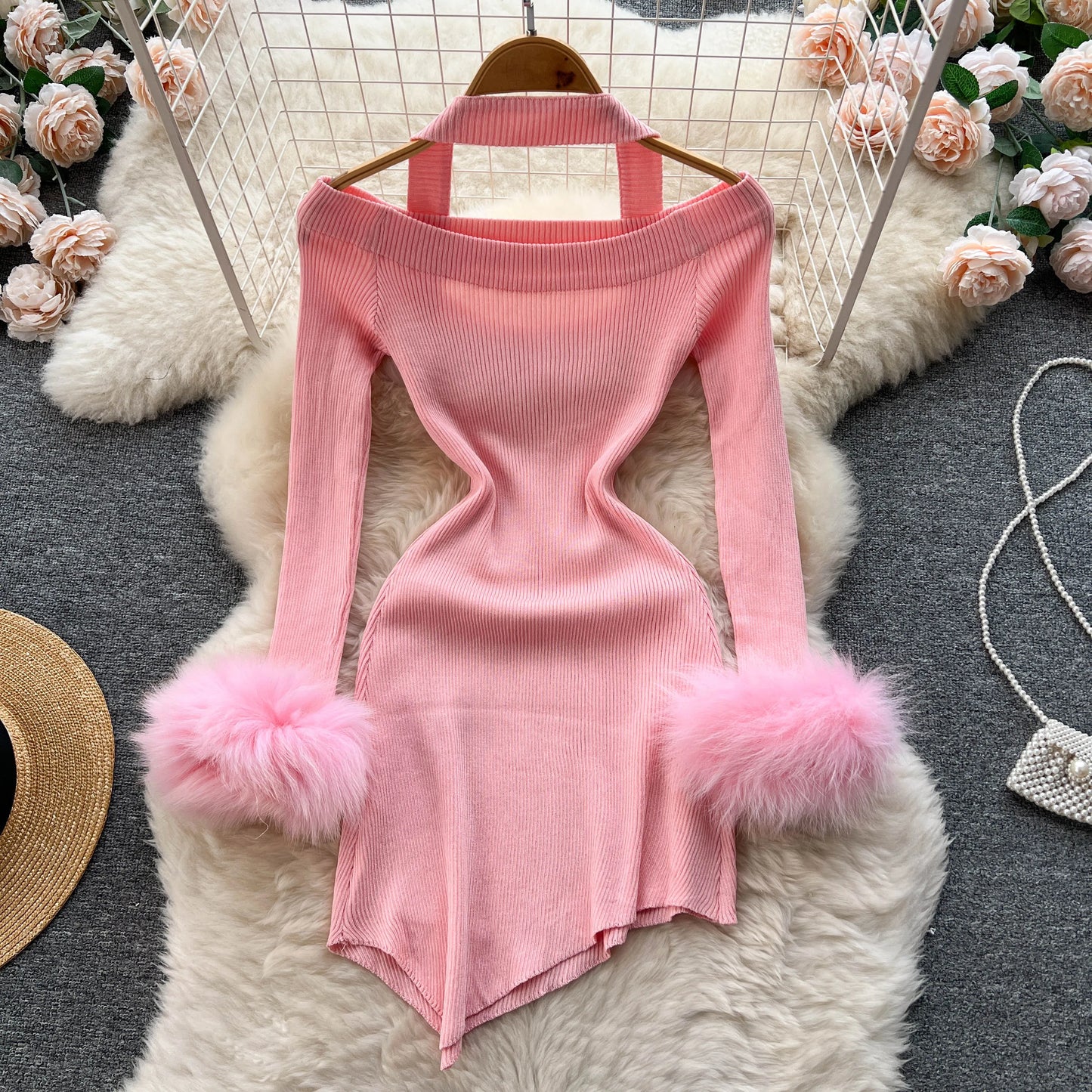 Chic Sexy Halter Bandage Irregular Bodycon Dress Fluffy Long Sleeve Knit Birthday Dress Autumn Winter Pencil Sweater Vestidos