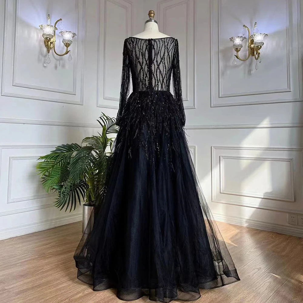 Serene Hill Arabic Red Elegant A Line For Women Long Sleeves Evening Dress Luxury Beaded Handmade Feathers 2024 LA71468