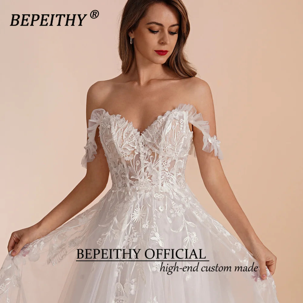 BEPEITHY A Line Sweetheart Bride Wedding Party Dresses 2023 Sleeveless Sweep Train Drop Shoulder Lace Ivory White Bridal Gown