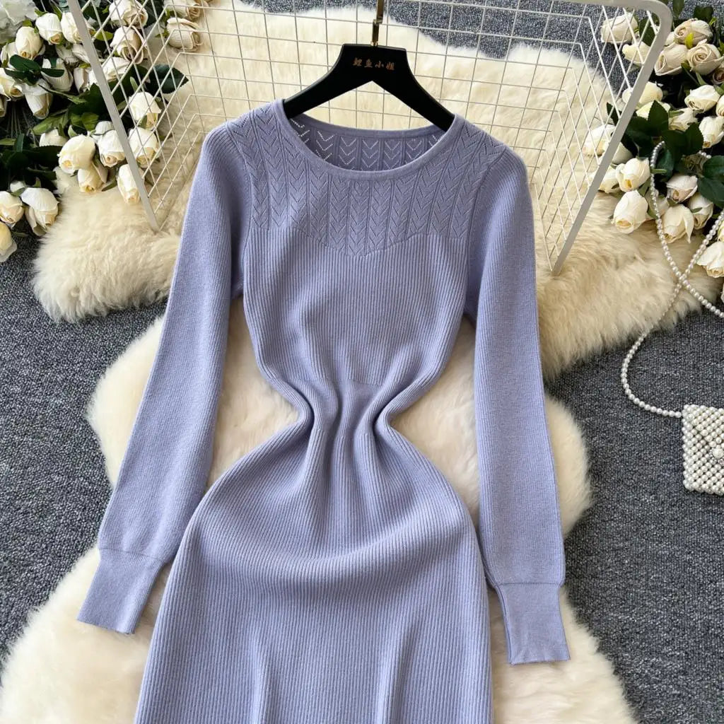 Elegant Solid Knitted Dress for Women Autumn French Vintage O-Neck Long Sleeve Fashion Evening Party Sweater Slim Midi Dresses