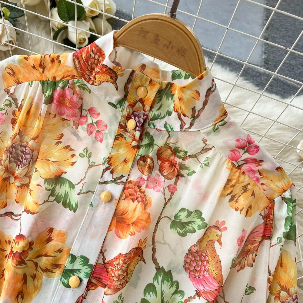 Spring Vacation Dresses For Women Long Sleeve Vintage Floral Print Dress Stand Collar Ruffle Hem Chiffon Mini Dress Tie Belt