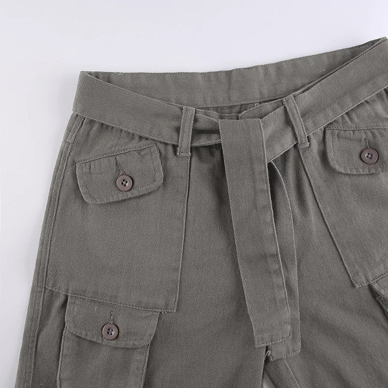 Women's High Waist Cargo Pants with Lace Belt Street Multi Pocket Straight Leg Casual Trousers Spring Autumn New Y2K Vintage